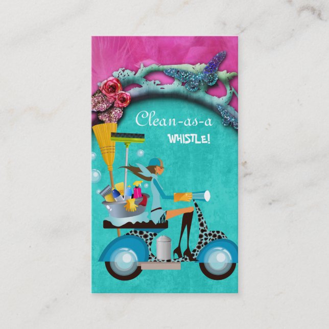 Cleaning Business Card Scooter Girl Pink Blue (Front)