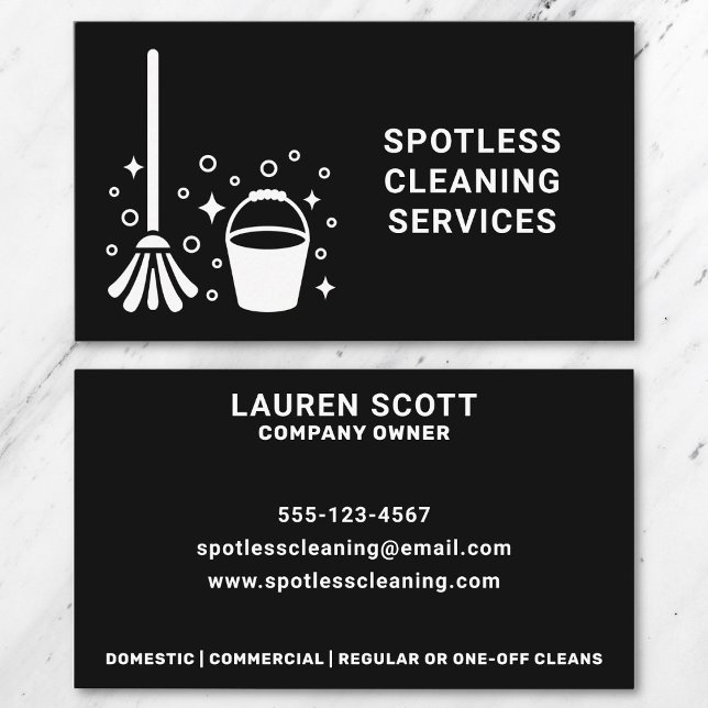 Cleaning Cleaner Mop And Bucket Bold Black Business Card (Business card front and back on a marble background.)