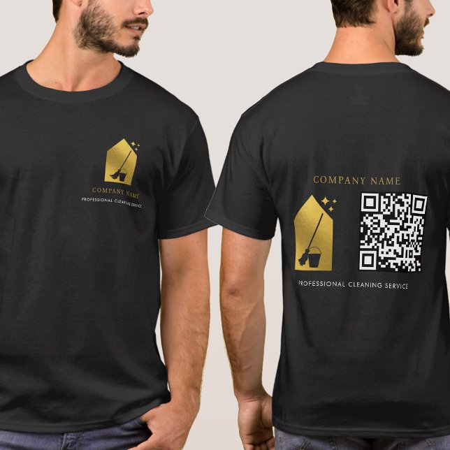 Cleaning Cleaner Service Gold Logo QR Code Black T-Shirt (Cleaning Cleaner Service Gold Logo QR Code Black T-Shirt)