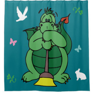 Cleaning Dragon with Broom Watching Over the Bath Shower Curtain