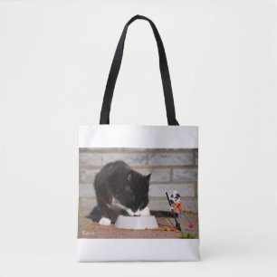 Cleaning Fubby with the broom near eating Cat. Tote Bag
