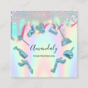 Cleaning House Office Services Logo Holograph Drip Square Business Card