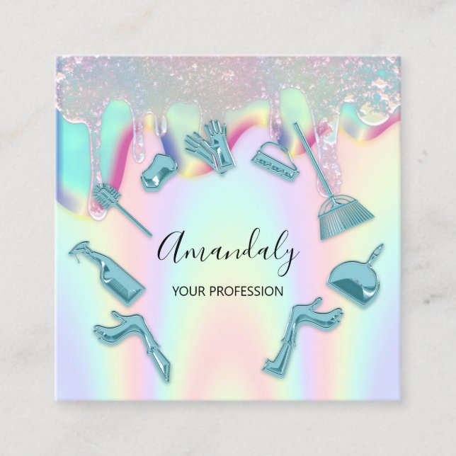 Cleaning House Office Services Logo Holograph Drip Square Business Card (Front)