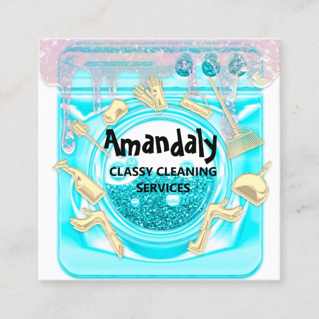 Cleaning House Office Services Logo QR Code Blue Square Business Card (Front)