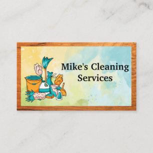 Cleaning House Services Tools Watercolor Wood Business Card