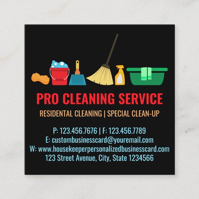 Cleaning janitorial simple housekeeper black square business card (Front)