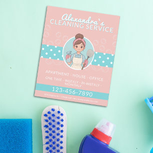 Cleaning Lady Cartoon Pink And Teal Polka Dot  Flyer