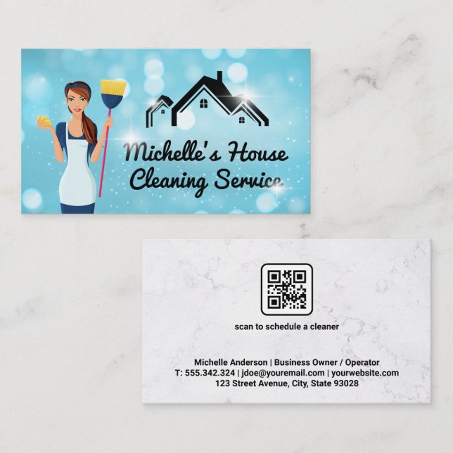 Cleaning Lady | Sparkly Home | QR Code Appt Business Card (Front/Back)