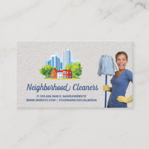 Cleaning Maid Holding Mop City Buildings Business Card