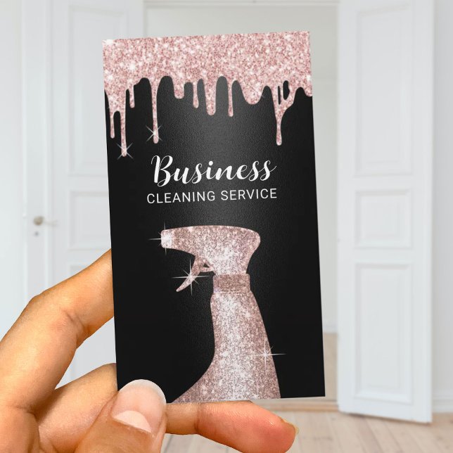 Cleaning & Maid Service Rose Gold Drips Black Business Card (Creator Uploaded)