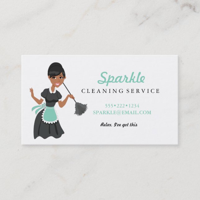 Cleaning Maid Service Woman of Colour Featherduste Business Card (Front)