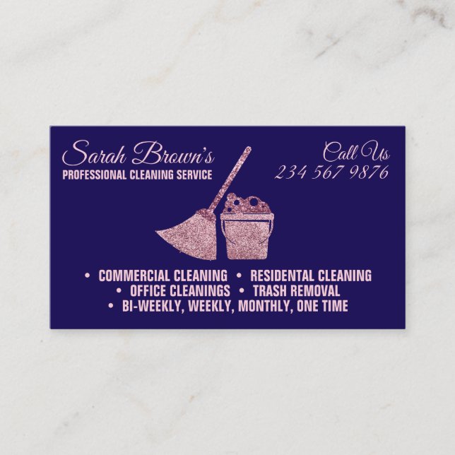 Cleaning Navy Maid Janitorial pink sparkling Business Card (Front)