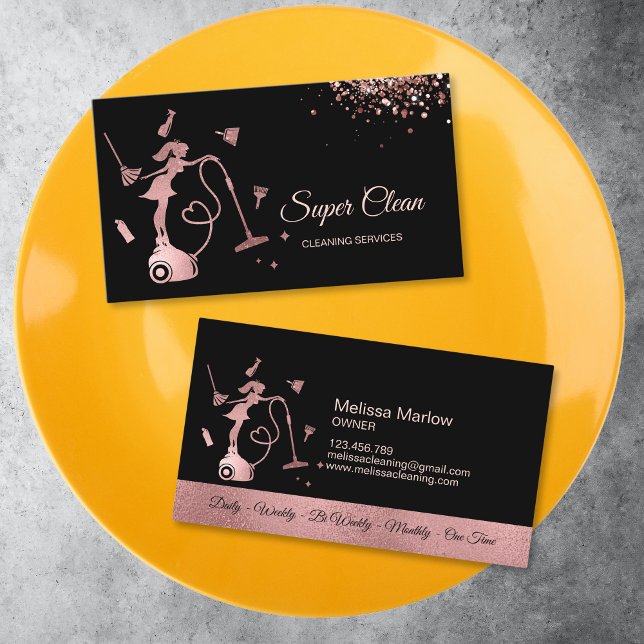 Cleaning Office services Maid Housekeeping Rose Business Card (rose gold maid standing on the vacuum cleaner logo)