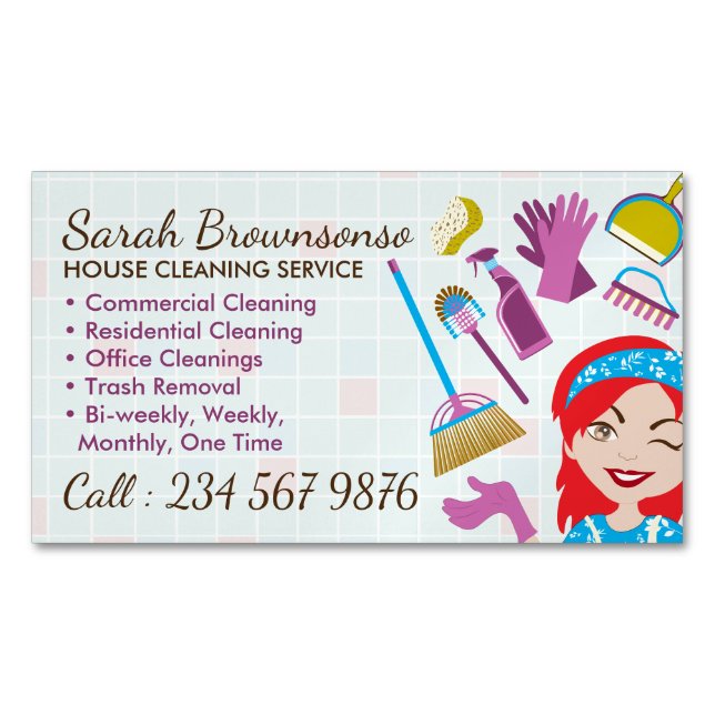 Cleaning Red Janitorial Lady Tile Washing Magnetic Business Card (Front)