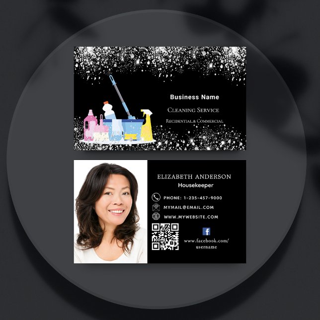 Cleaning service black glitter dust QR code photo Business Card (Creator Uploaded)