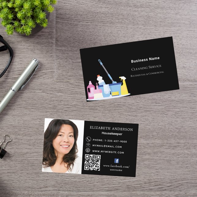 Cleaning service black QR code photo Business Card (Creator Uploaded)