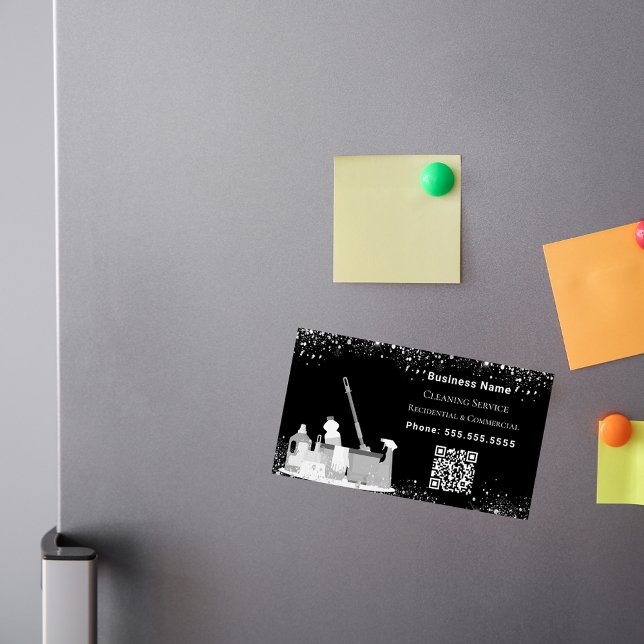 Cleaning service black silver glitter dust QR code Magnetic Business Card (Creator Uploaded)