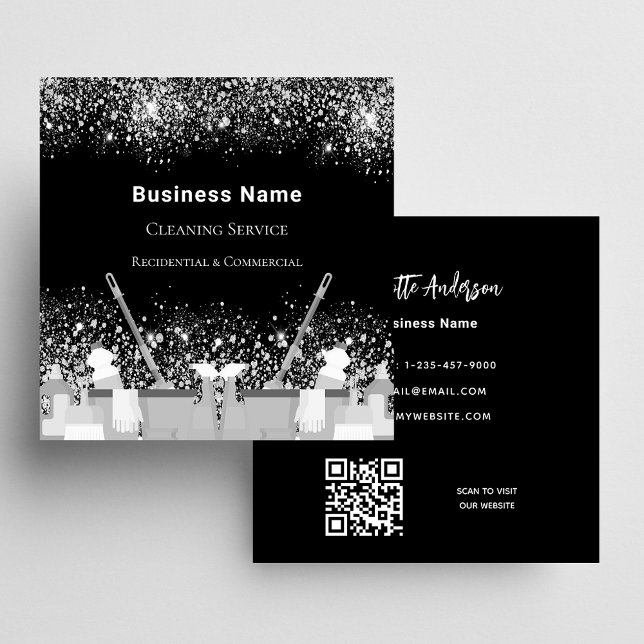 Cleaning service black silver glitter dust QR code Square Business Card (Creator Uploaded)