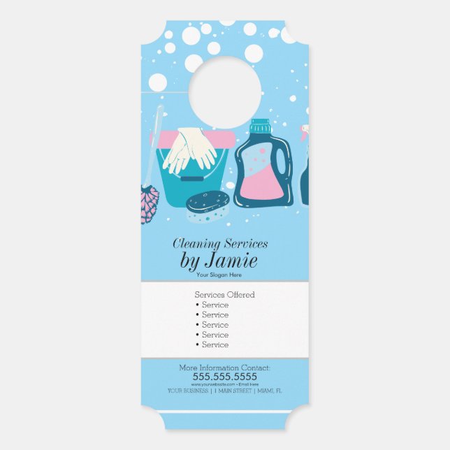 Cleaning Service Blue Pink Business  Door Hanger (Front)