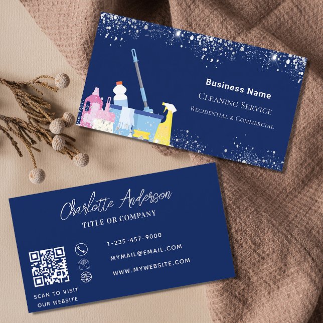 Cleaning service blue silver glitter dust QR code Business Card (Creator Uploaded)