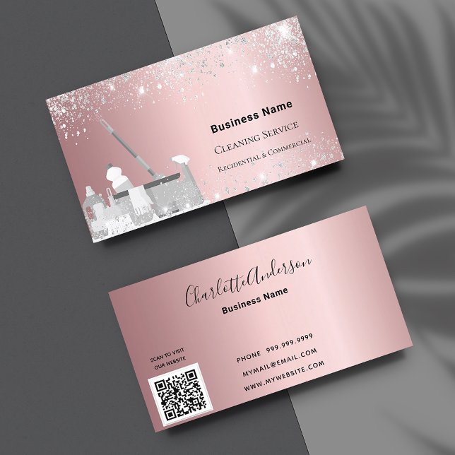 Cleaning service blush pink silver dust QR Business Card (Creator Uploaded)