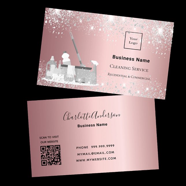 Cleaning service blush silver glitter dust logo QR Business Card (Creator Uploaded)