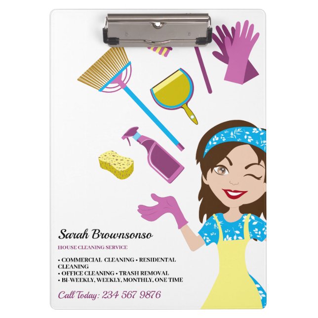 Cleaning Service Cartoon Lady Janitorial Clipboard (Front)
