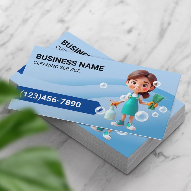 Cleaning Service Cute Maid Modern Blue Curves Business Card (Creator Uploaded)