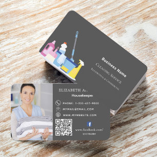 Cleaning service grey photo QR code Business Card
