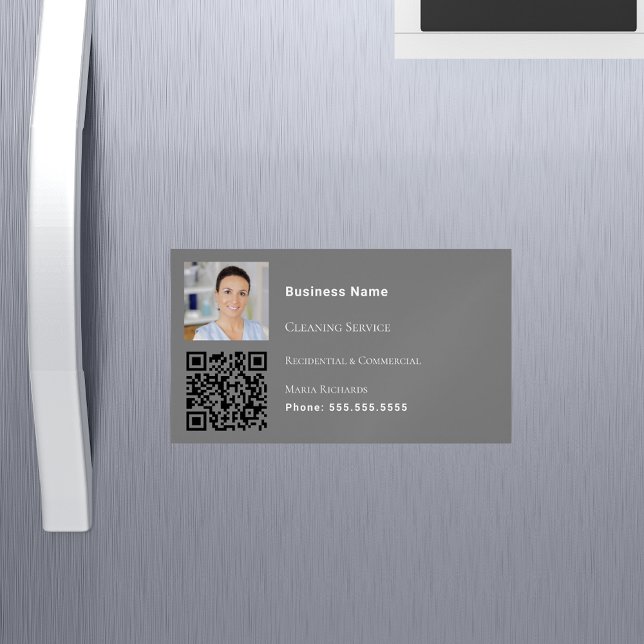 Cleaning service grey photo QR code Magnetic Business Card (Creator Uploaded)