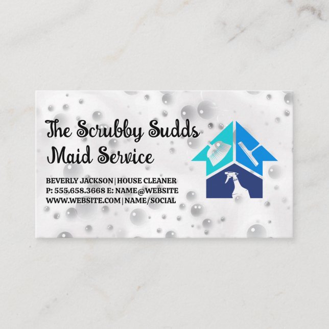 Cleaning Service Icons | Soapy Sud Bubbles Business Card (Front)
