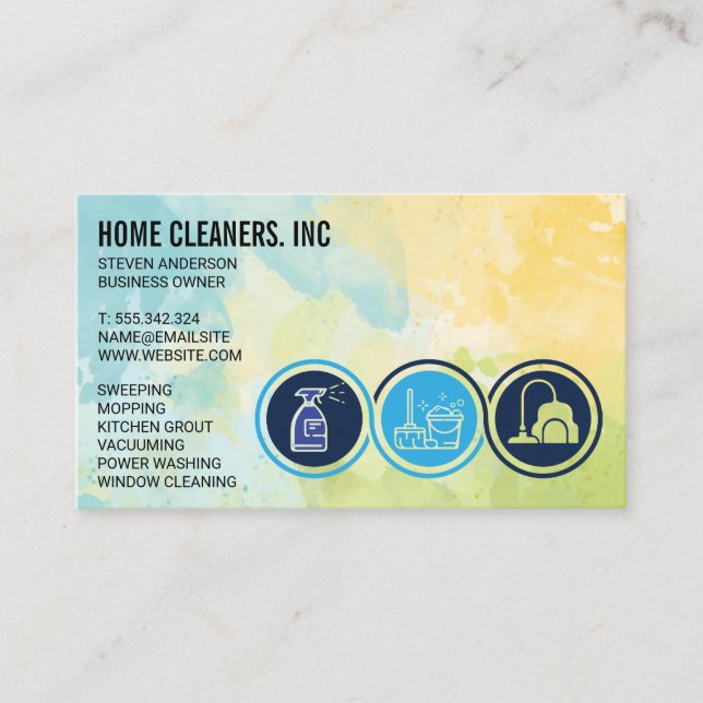 Cleaning Service Icons | Watercolor Background Business Card (Front)