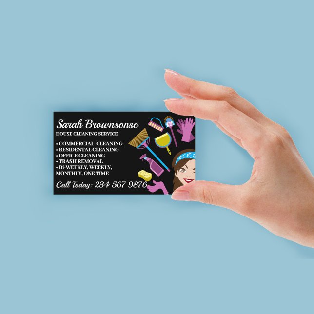 Cleaning Service Janitorial Lady Cartoon Maid Business Card (Cleaning Service Janitorial Lady Cartoon Maid Business Card)