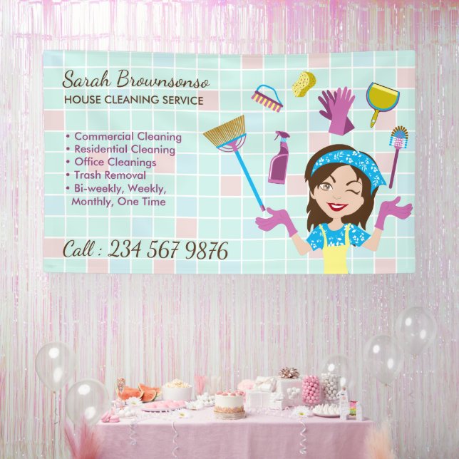 Cleaning Service Janitorial Lady Cartoon Tools Banner (Party)