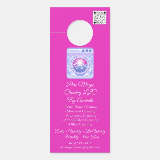 Cleaning Service Laundy Washing QRCode Pink Blue Door Hanger (Front)