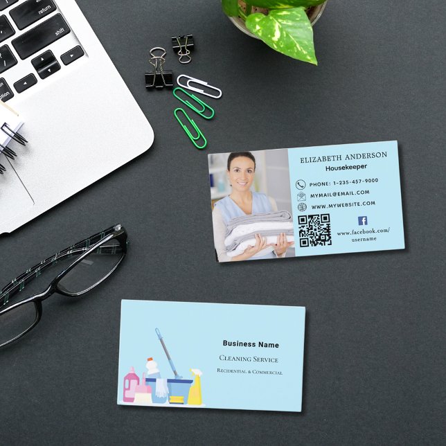 Cleaning service light blue photo QR code Business Card (Creator Uploaded)