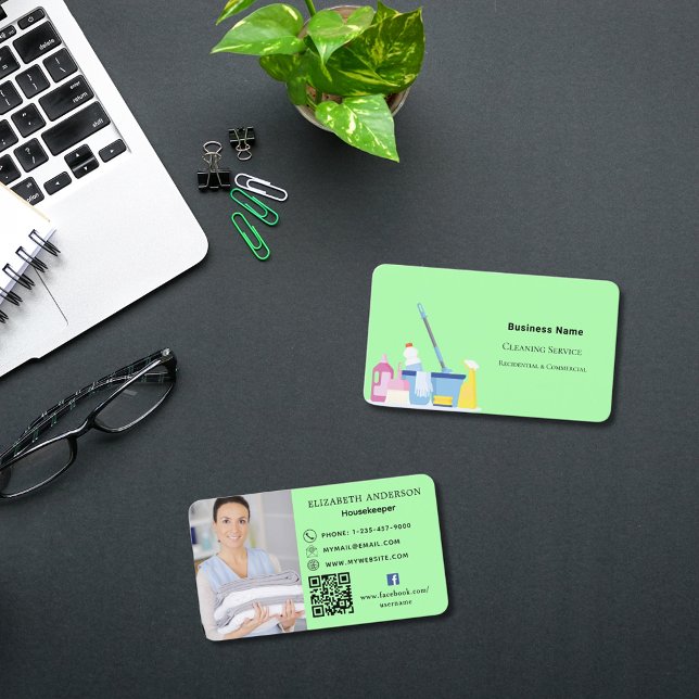 Cleaning service light green photo QR code Business Card (Creator Uploaded)