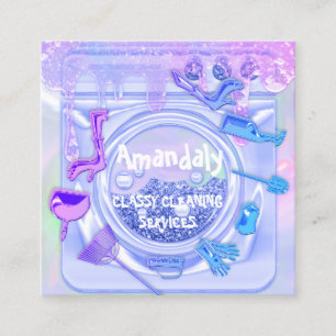 Cleaning Service Logo QRCode Laundy Logo Drip Blue Square Business Card