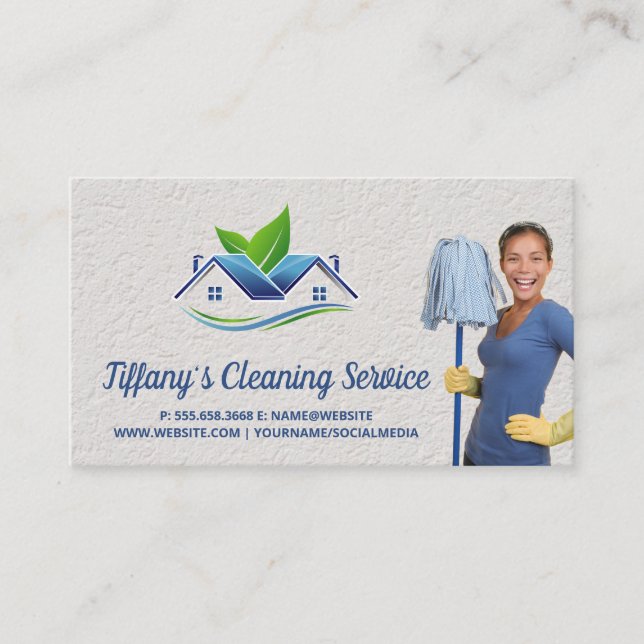 Cleaning Service | Maid Cleaning Holding Mop Business Card (Front)