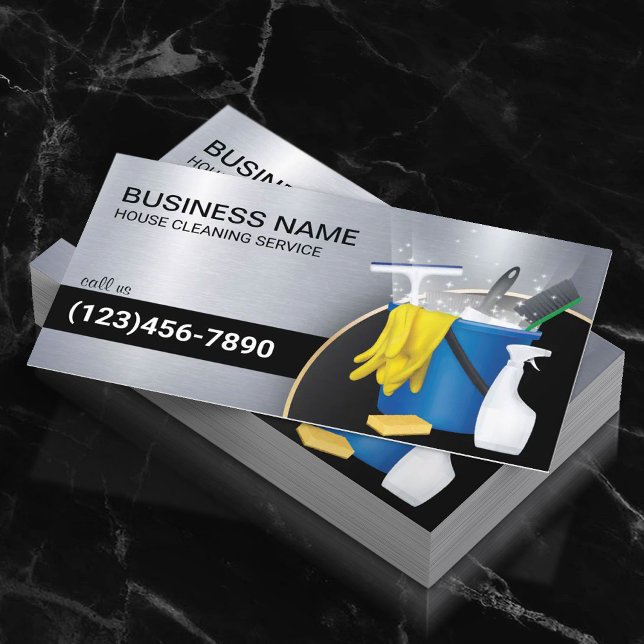 Cleaning Service Maid Housekeeping Modern Metal Business Card (Creator Uploaded)