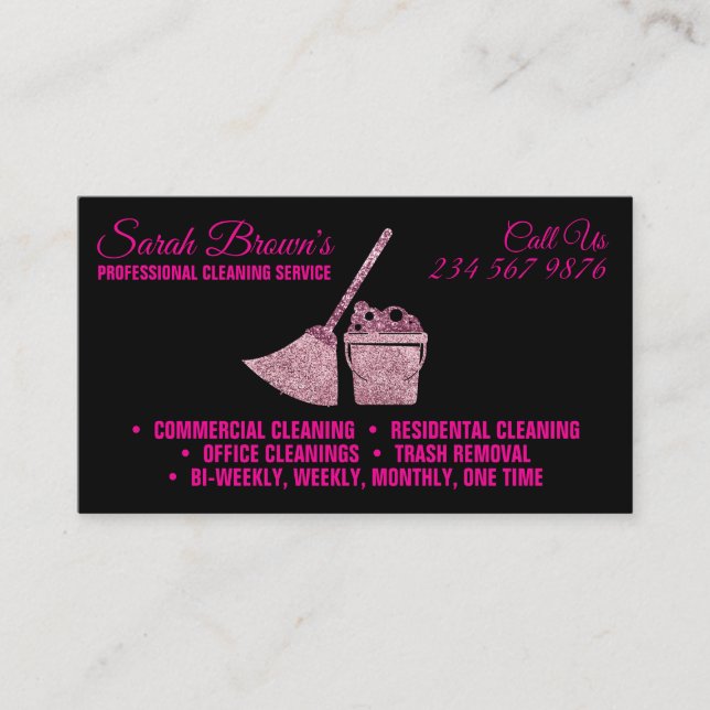 Cleaning Service Maid Janitorial black sparkling Business Card (Front)