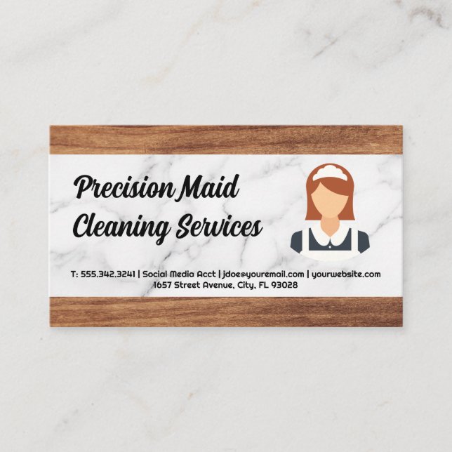 Cleaning Service | Maid Logo | Wood Marble Business Card (Front)