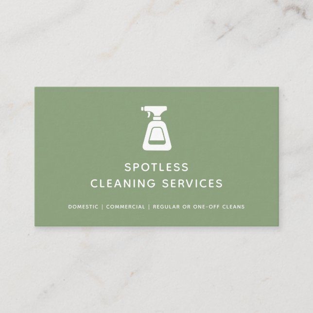 Cleaning Service Maid Sage Green Spray Bottle Business Card (Front)
