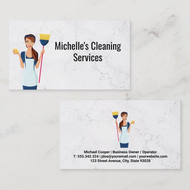 Cleaning Service | Maid with Broom | Marble Business Card (Front/Back)
