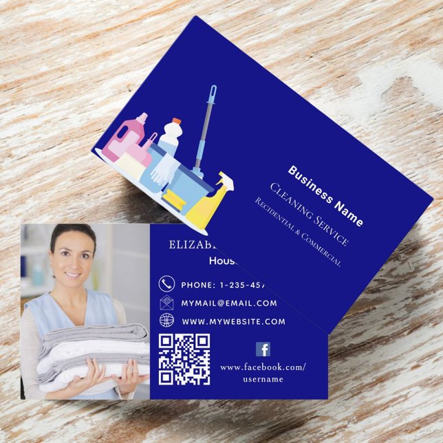 Cleaning service navy blue photo QR code Business Card (Creator Uploaded)