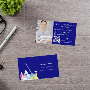 Cleaning service navy blue photo QR code premium Business Card