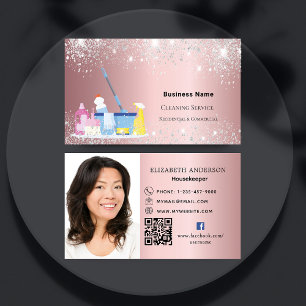 Cleaning service pink glitter QR photo premium Business Card