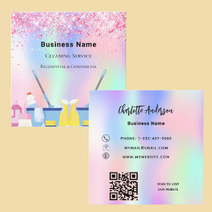 Cleaning service pink holographic dust QR code Square Business Card