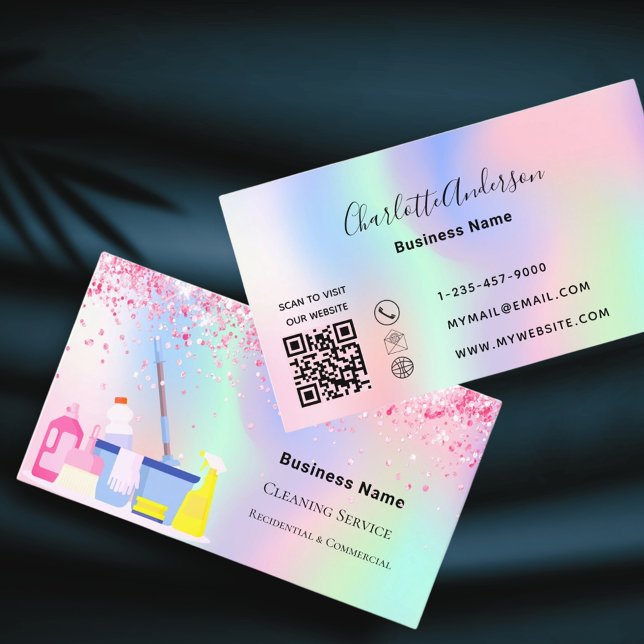 Cleaning service pink holographic QR code Business Card (Creator Uploaded)