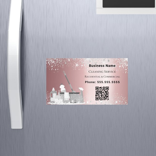 Cleaning service pink silver glitter dust QR code Magnetic Business Card (Creator Uploaded)
